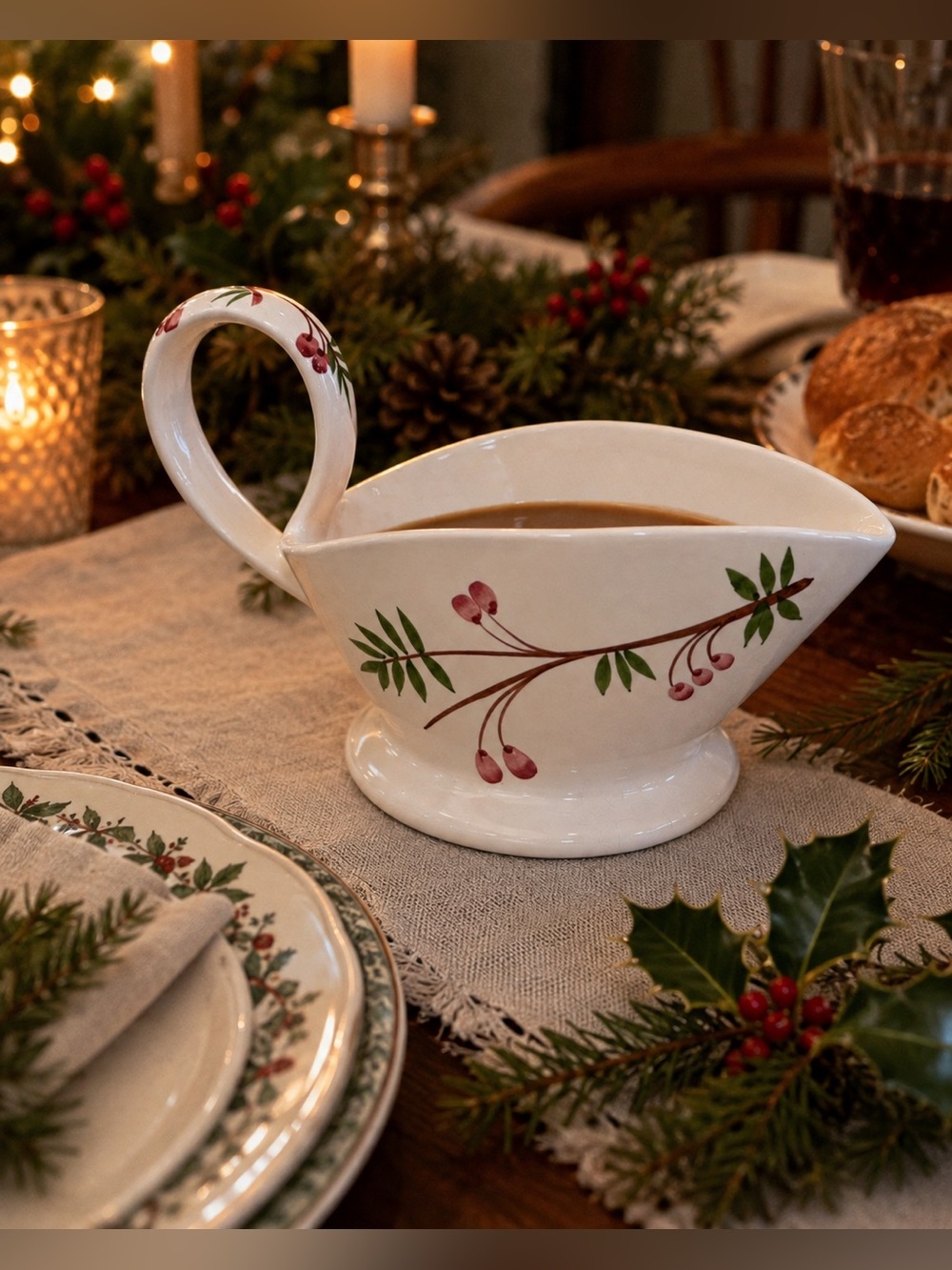 Barn & Body Works Holiday 1997 Ceramic Gravy Boat Holly Berry Christmas